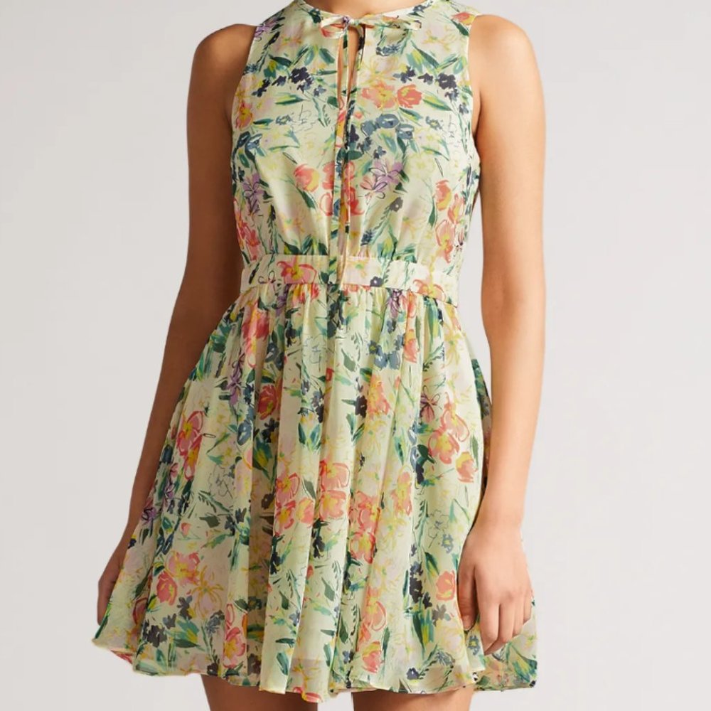 NWT Ted Baker Haariss Floral Mini Sleeveless Tie Neck Dress 14